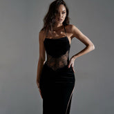 Rückenfreies Maxikleid Aus Samtspitze Mit Hohem Schlitz Und Blumenmuster - Schwarz
